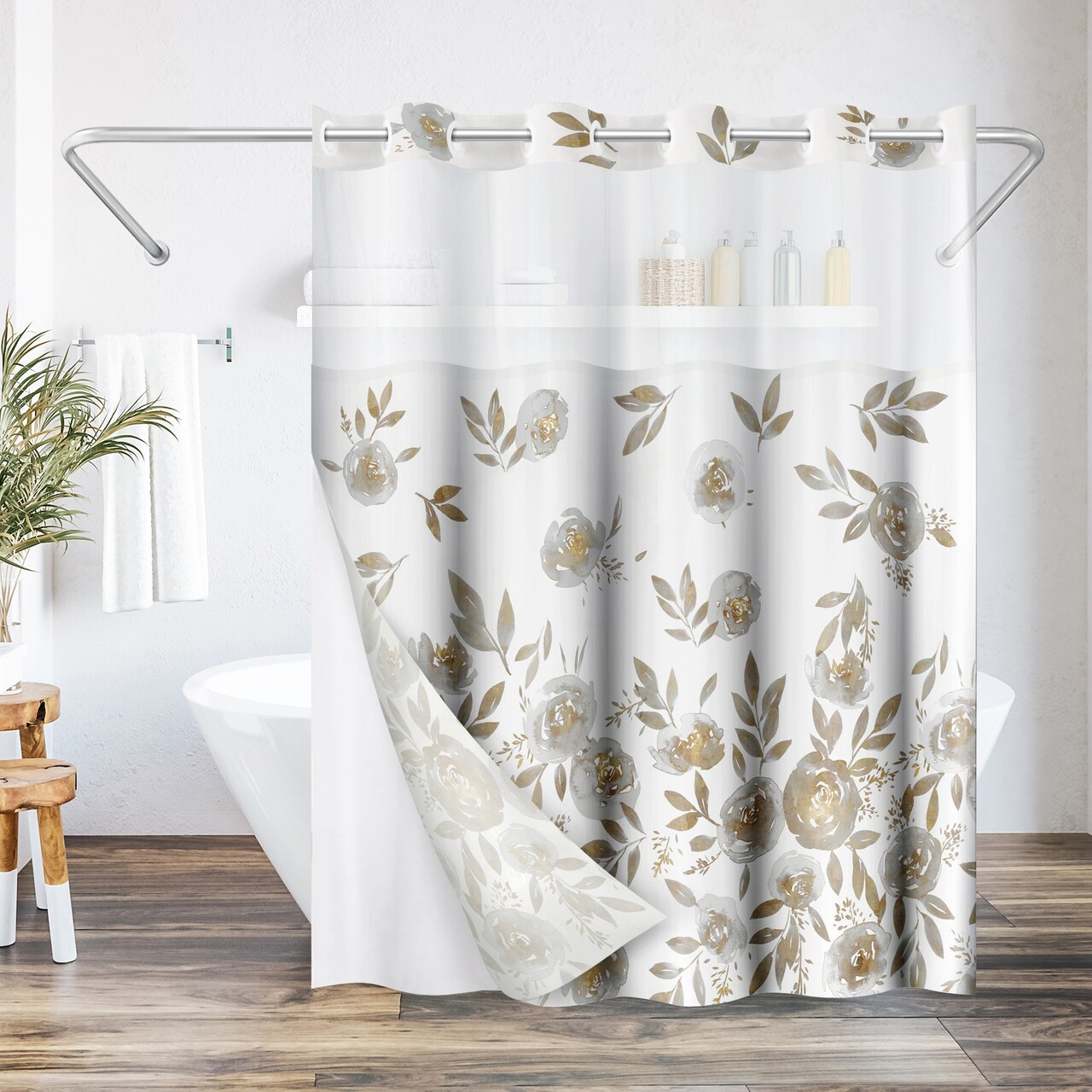Americanflat 72x75 Hookless Shower Curtain - Floral Gold Grey Shower Curtain with Sheer Panel, Snap-In Liner, and Grommets - 100% Polyester